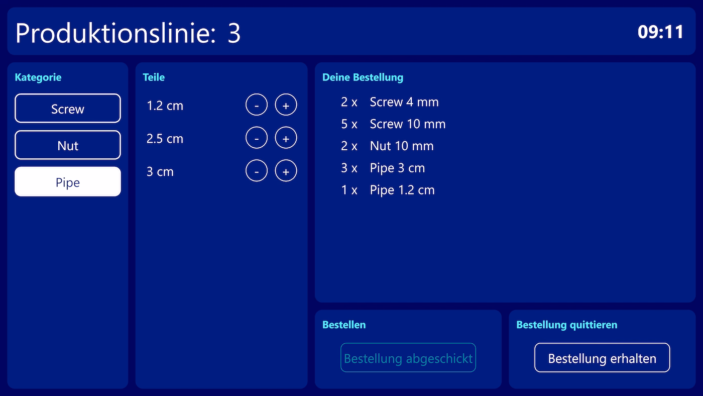 Peakboard Bestellliste am Touchscreen: Werker melden Fehlteile per Knopfdruck über MQTT an die Intralogistik.