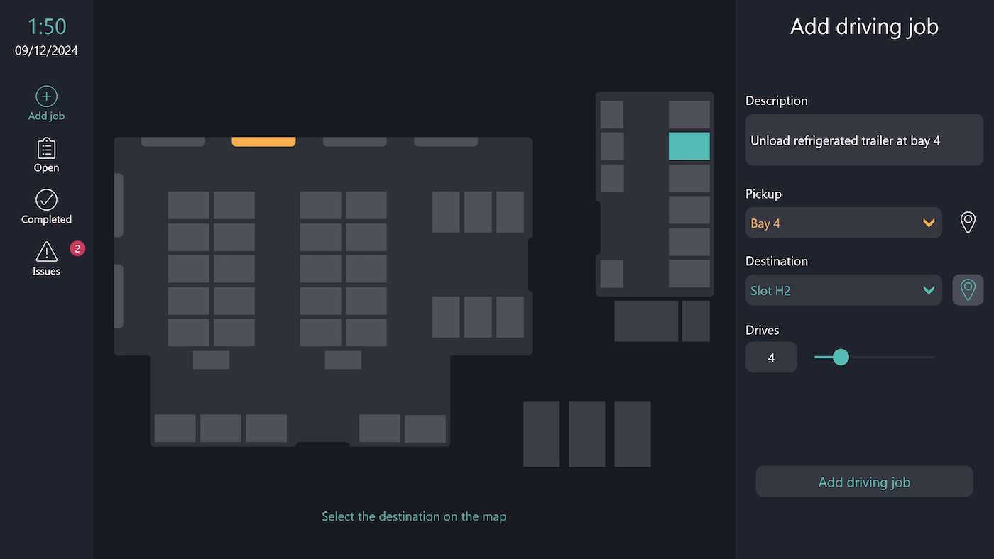 Peakboard forklift dispatch system for planning and assigning driving orders across the forklift fleet.