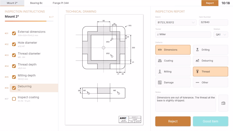 Peakboard quality inspection application with inspection instructions, technical drawing and inspection report.