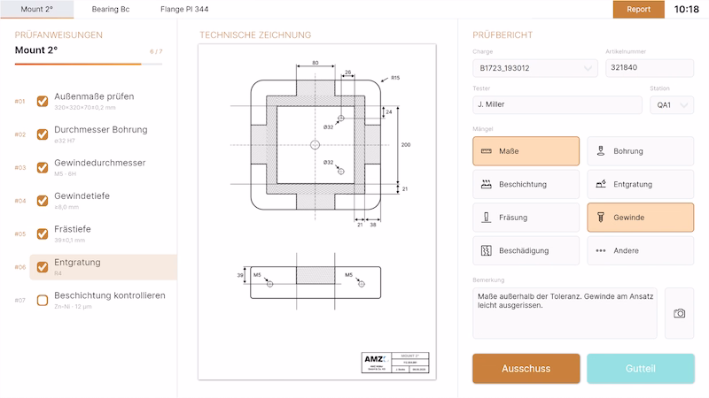 Peakboard Anwendung zur Qualitätsprüfung mit Prüfanweisungen, technischer Zeichnung und Prüfbericht.