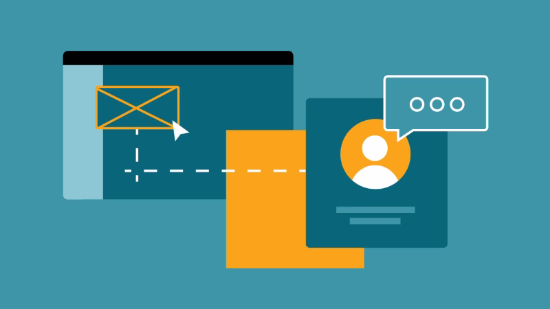 Illustration of a digital user flow with interface layout, profile view and chat icon in web design.