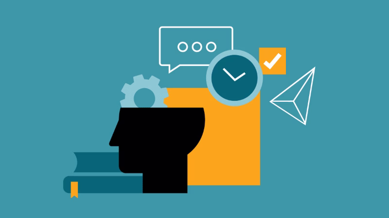 Illustration of a head with gears and speech bubble as a symbol for process optimisation.