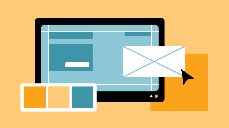Illustration of a digital interface with layout grids, color palette, and email icon for web design.