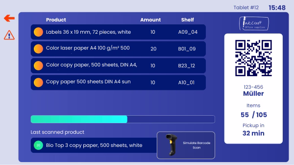Peakboard paperless order picking app with product list, quantities, shelf locations and a QR code for the order.