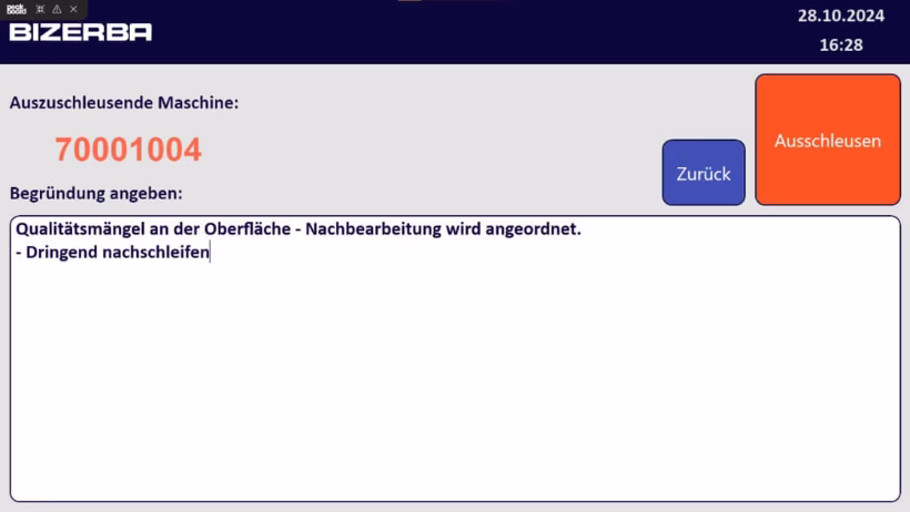 Peakboard-Anwendung bei Bizerba zur Dokumentation von Qualitätsmängeln und Ausschleusprozessen von Bauteilen