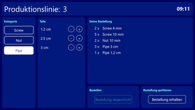 Peakboard Bestellliste am Touchscreen: Werker melden Fehlteile per Knopfdruck über MQTT an die Intralogistik.