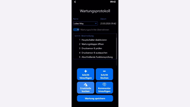 Peakboard Handheld-App auf Tablet zeigt Wartungs- und Reparaturfunktionen für Maschinen im Shopfloor mit QR-Code-Zugriff.