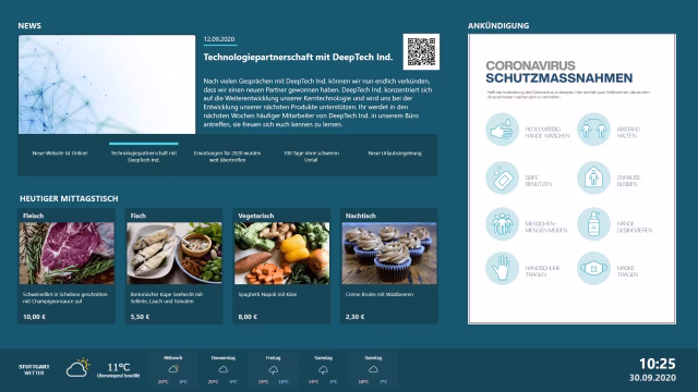 Peakboard-Anwendung als digitales schwarzes Brett mit News, Kantinenplan und Ankündigungen für zentrale Mitarbeiterinfos