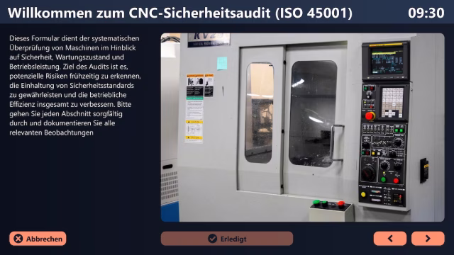 Peakboard-Anwendung für CNC-Sicherheitsaudit nach ISO 45001 mit Checkliste, Dokumentation und Fortschrittsstatus (Erledigt)