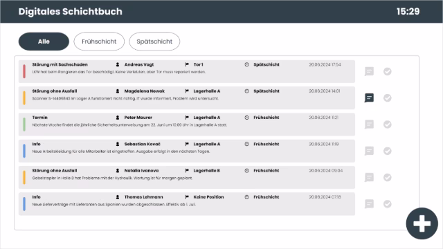 Peakboard-Anwendung für digitales Schichtbuch mit Filter nach Schichten sowie Erfassung von Störungen, Infos und Terminen