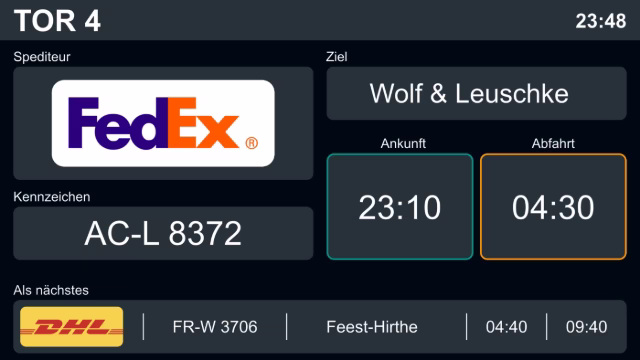 Peakboard-Anwendung zur LKW-Abfertigung am Tor mit Spediteur, Kennzeichen sowie Ankunfts- und Abfahrtszeiten