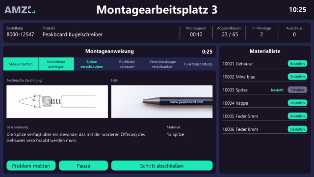 Montagearbeitsplatz-App mit Schritt-für-Schritt-Anleitung, Materialliste und Interaktionsfunktionen für Werker