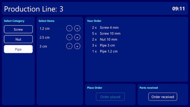 Peakboard order list on a touchscreen where workers report missing parts to intralogistics via MQTT.