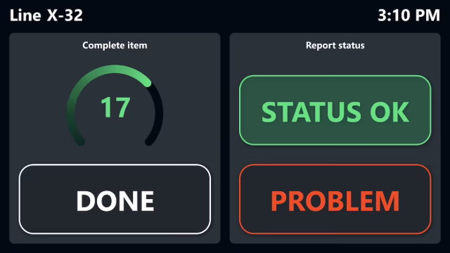Peakboard simple digital call system showing workplace status with done and problem buttons