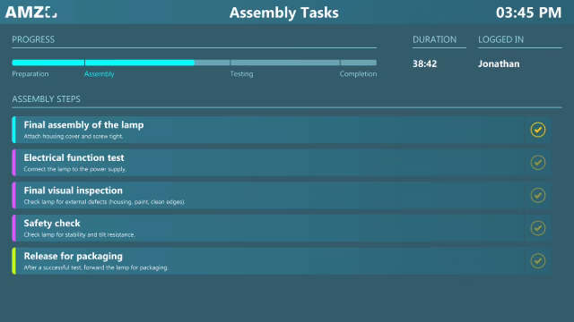 Peakboard digital assembly instructions app showing step-by-step task list for workers