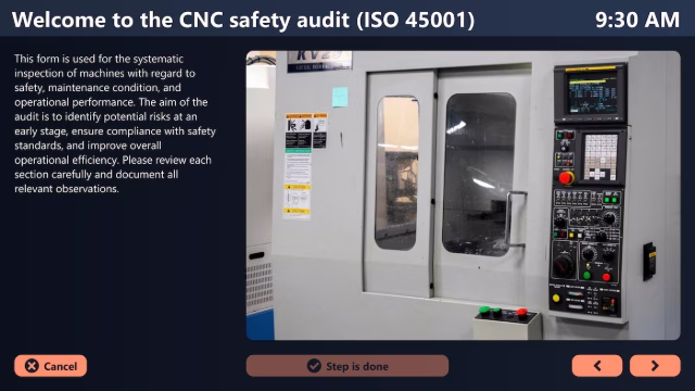 Peakboard digital audit reporting app showing a CNC machine safety checklist