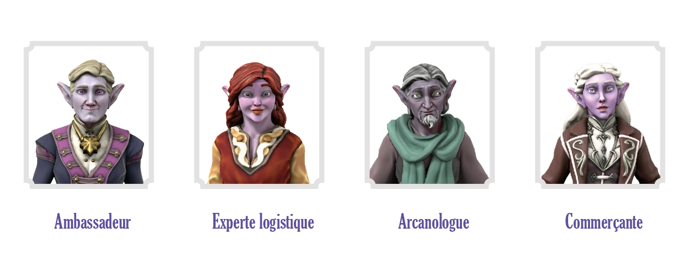 4 images d’elfes disparus : Galadran Gloriose, ambassadeur ; Éléanor Wyndan, experte logistique ; Lukian Valzana, arcanologue ; Elmurand Vazeiros, commerçante.