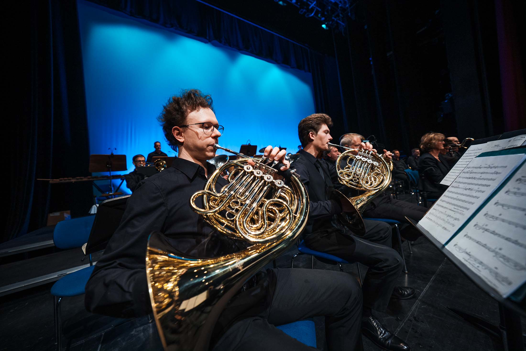Zwei Hornspieler auf einem Konzert.