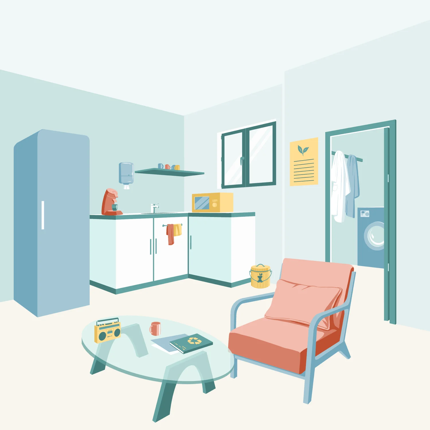 A cozy living room with a chair, round table, and visible kitchen area in the background.