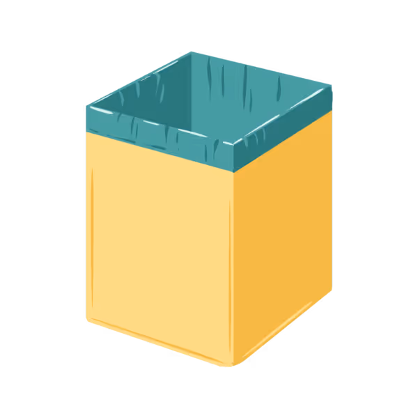 A yellow and green waste bin stands empty.