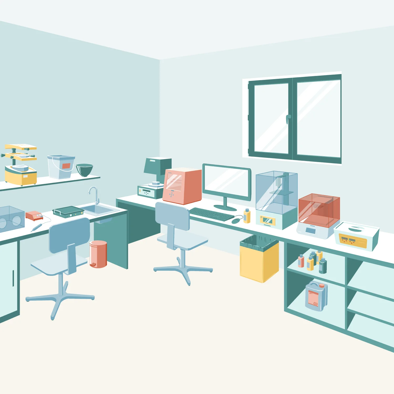 A tidy lab with computers, chairs, and equipment on desks and shelves, near a large window.