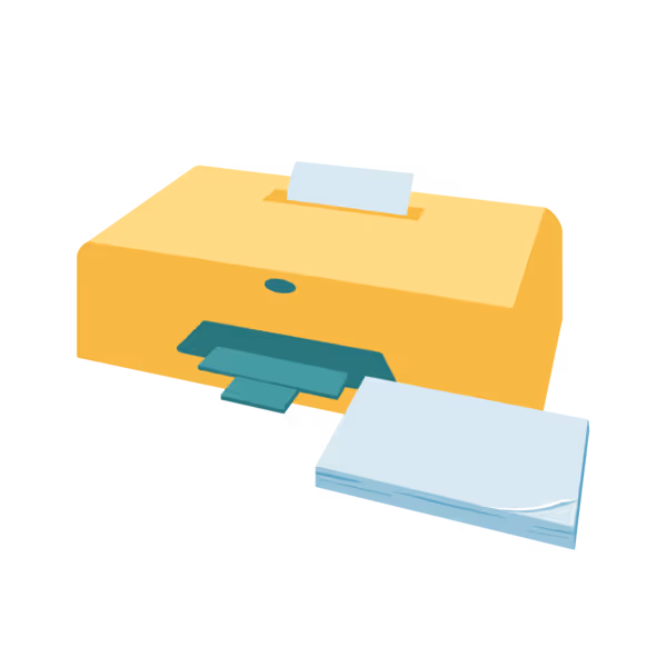 A yellow printer with a stack of paper beside it.