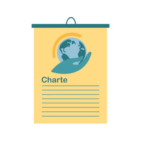 A poster features a globe held by a hand above text lines and the word "Charte."