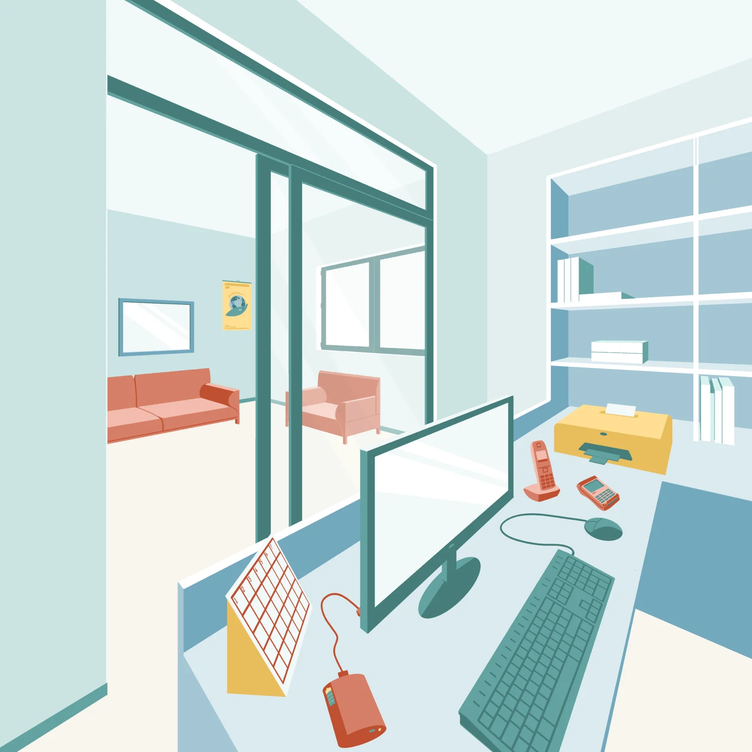 Office interior with a desk, computer, keyboard, and phone. Shelves and couches are in the background.