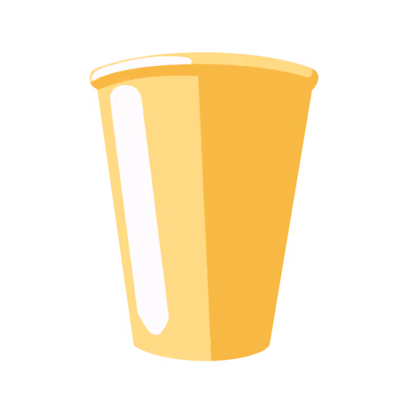 An empty, shiny yellow cup with a wide mouth and slightly tapered base.