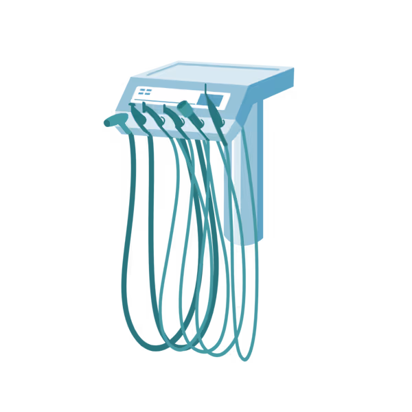 A dental tool holder with multiple handpieces and cables arranged neatly.