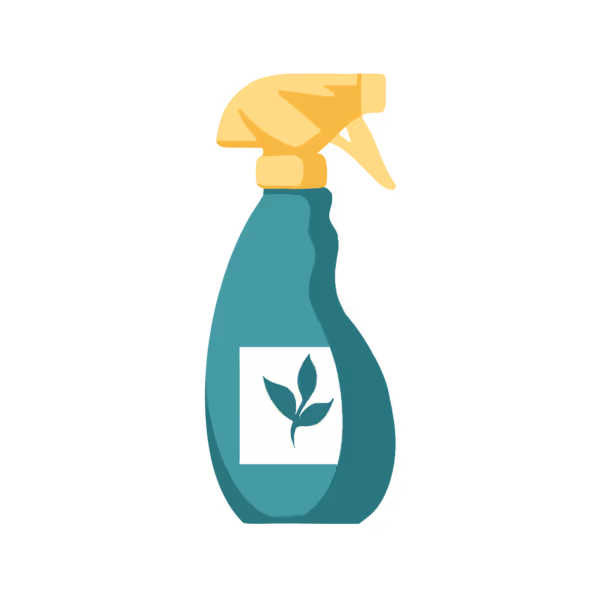 Spray bottle with a leaf symbol on the label, featuring a yellow nozzle.