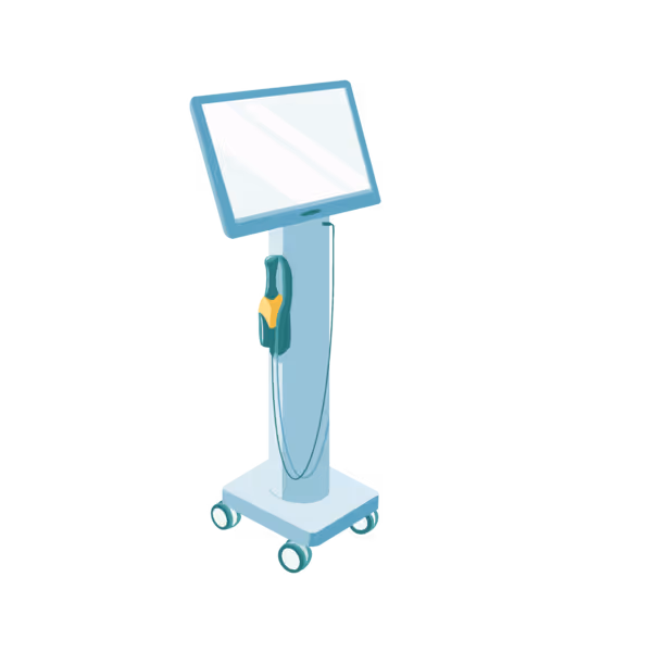 A touchscreen kiosk on wheels with a card reader attached is shown.