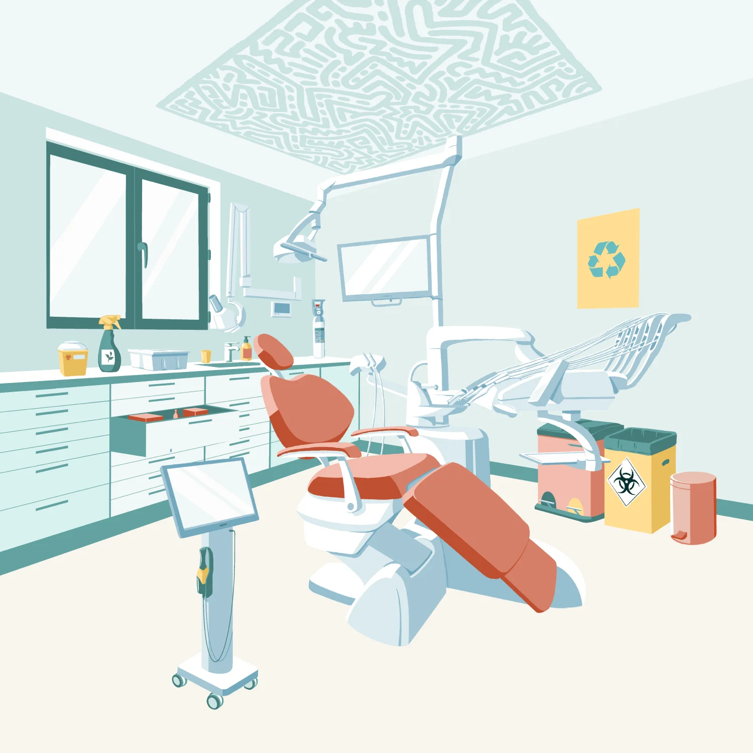 A dental examination room with an empty chair, tools, and equipment.