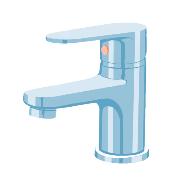 Illustration of a modern, sleek silver faucet with a single lever handle.