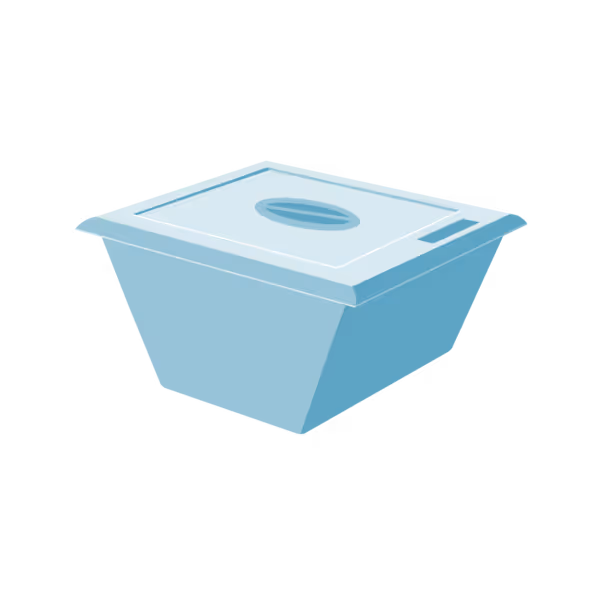 A blue plastic storage container with a closed lid.