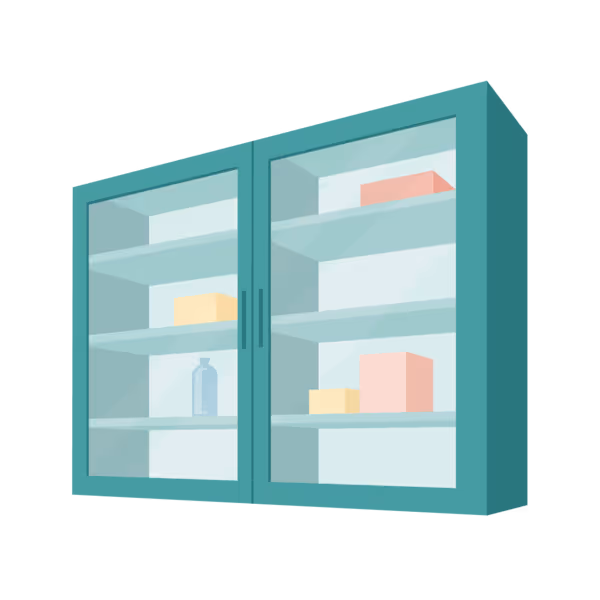 A green, glass-front cabinet with several empty shelves and two boxes inside.