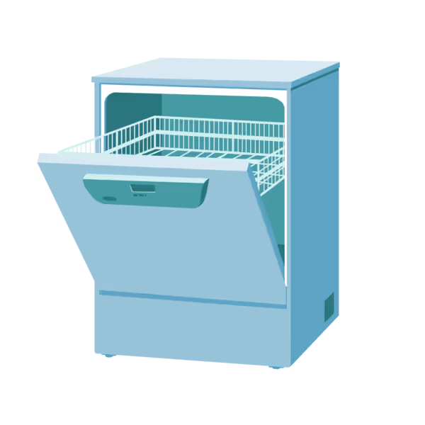 Open dishwasher with an extended bottom rack, ready for loading dishes.