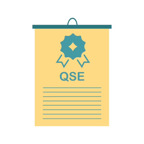 QSE poster with a quality symbol and text lines below.
