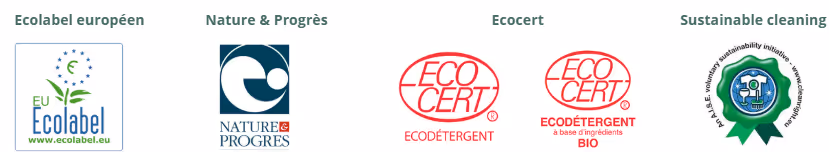 Four eco-label logos representing Ecolabel, Nature & Progrès, Ecocert, and sustainable cleaning certification.