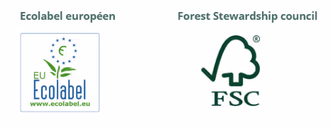 Logos of EU Ecolabel and Forest Stewardship Council, both representing environmental certifications.