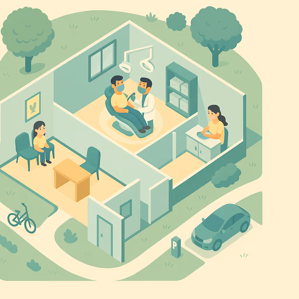 A dentist treats a patient in an exam room while a receptionist works nearby.