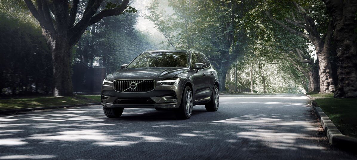 Volvo XC60 kör på en solbelyst väg kantad av stora träd.