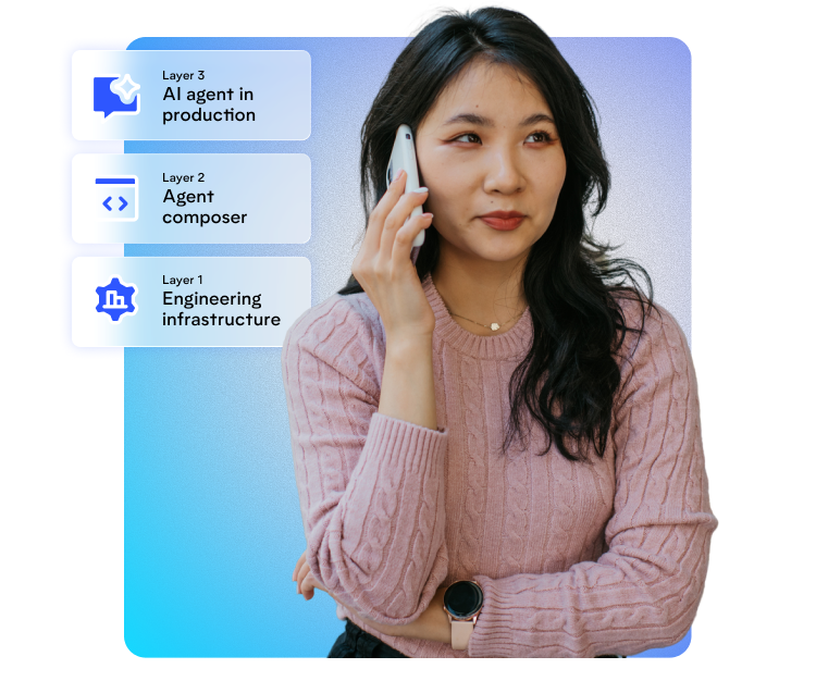 Woman in pink sweater holding a phone with layered AI agent production, agent composer, and engineering infrastructure text.