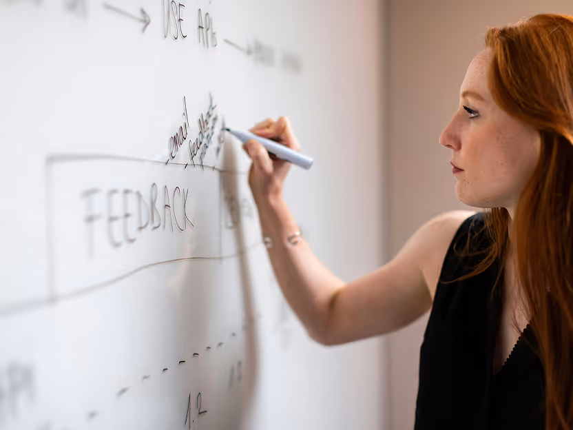 Agile Trainerin bei Lean Sherpas visualisiert Feedbackstrategie auf dem Whiteboard
