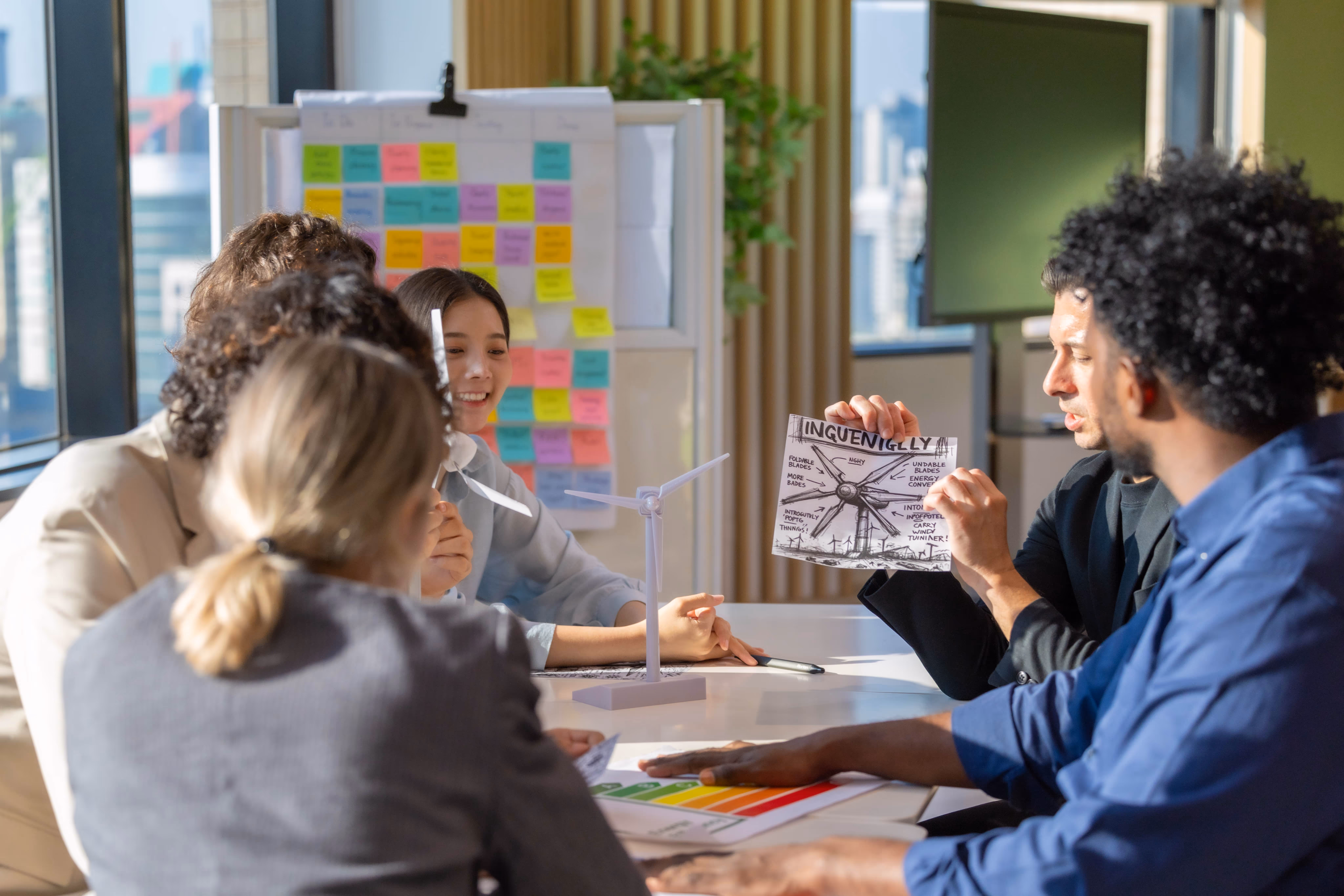 Kreatives Team mit Prototyp im Innovationsworkshop bei Lean Sherpas