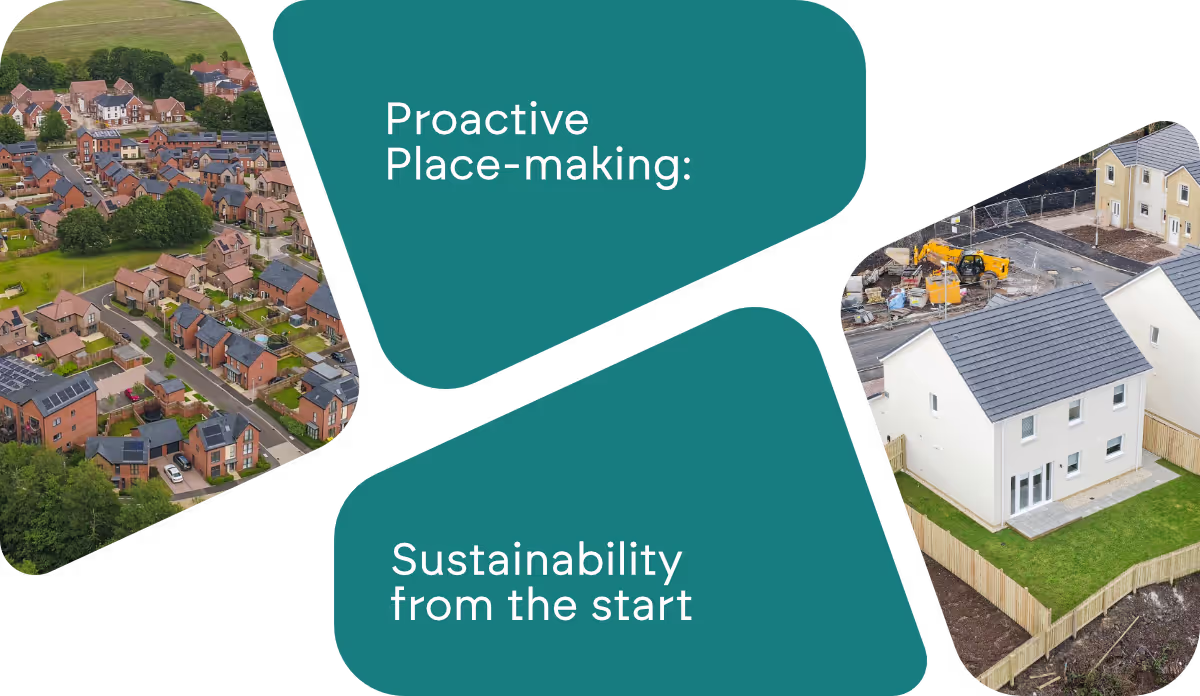 A graphic showing housing developments with text overlaid that reads Proactive Place-making: Sustainability from the start