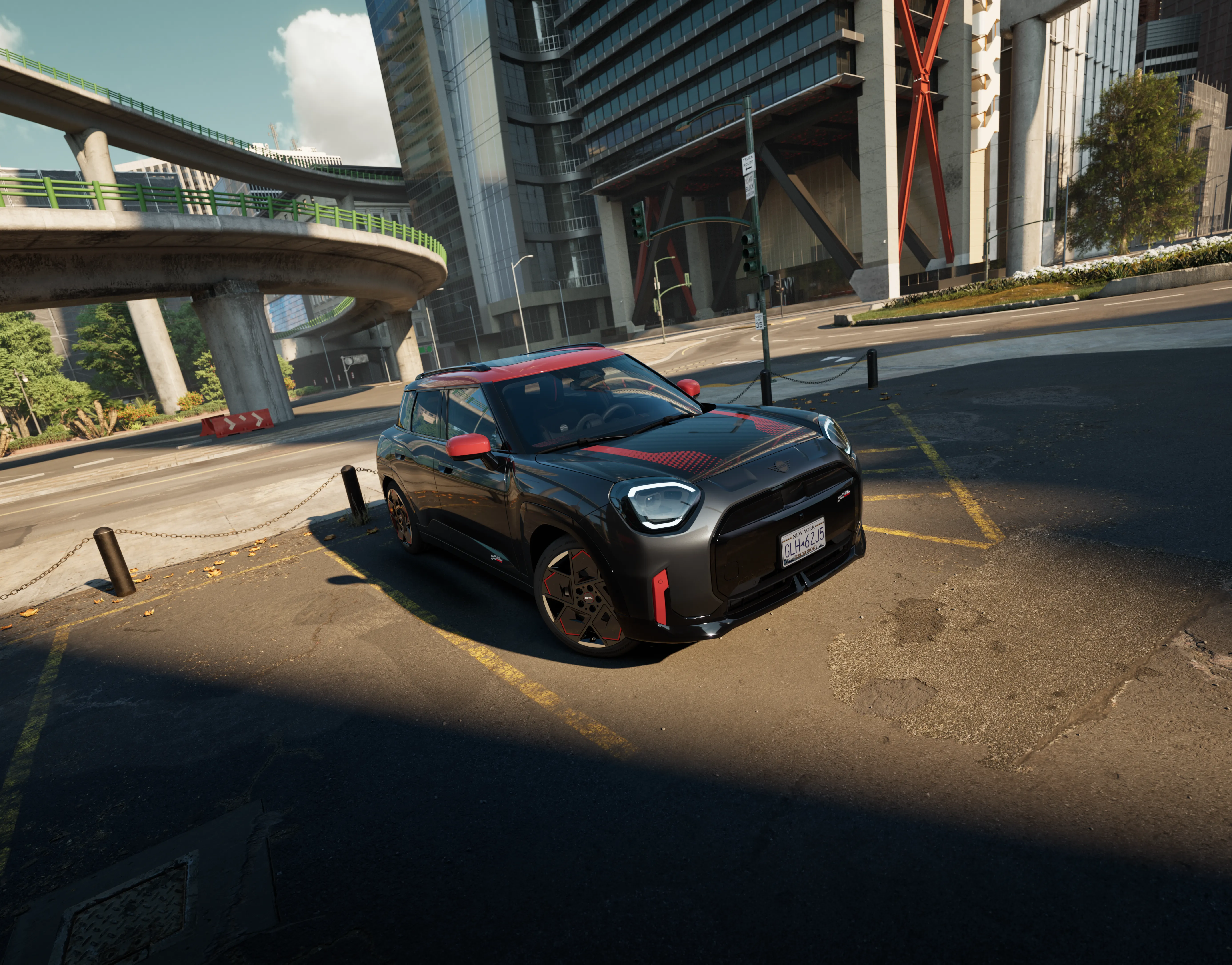 Schwarzer MINI JCW Aceman steht dynamisch auf einem Parkplatz in der Stadt – MOTORHEIMAT Wagner-Schwarz in Kirchseeon, Traunstein, Altenmarkt, Wasserburg und Oberhaching