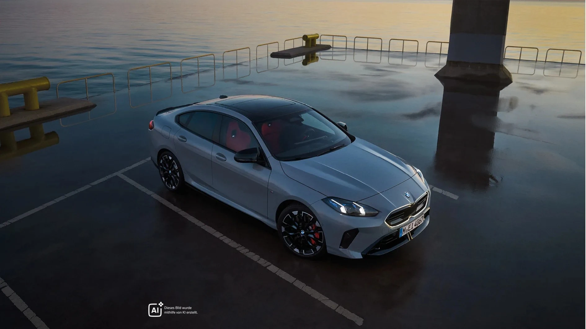Graues BMW 2er Gran Coupé auf nassem Boden am Meer – MOTORHEIMAT Wagner-Schwarz in Kirchseeon, Traunstein, Altenmarkt, Wasserburg und Oberhaching