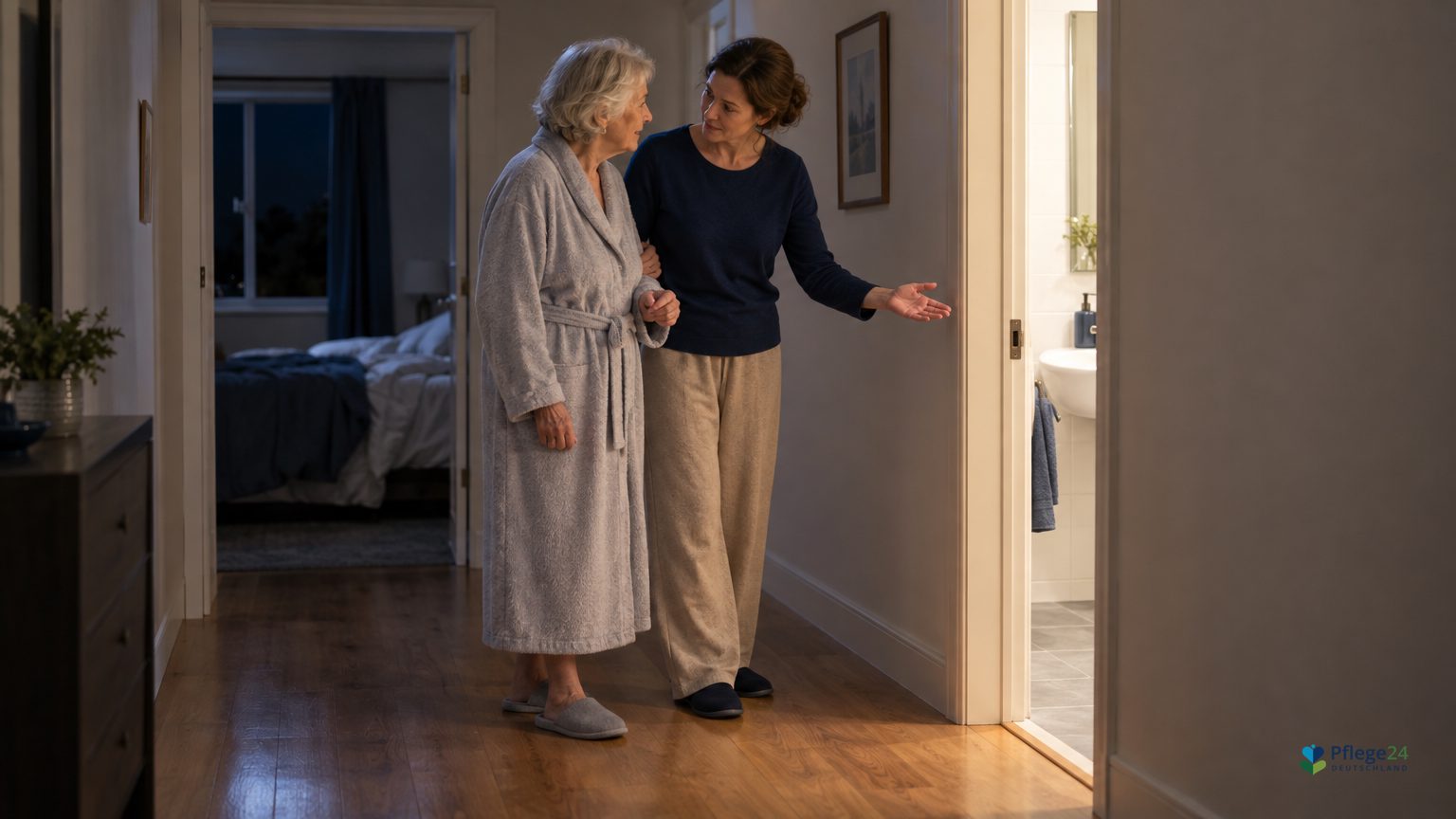 Eine Frau begleitet eine ältere Angehörige nachts zum beleuchteten Badezimmer.