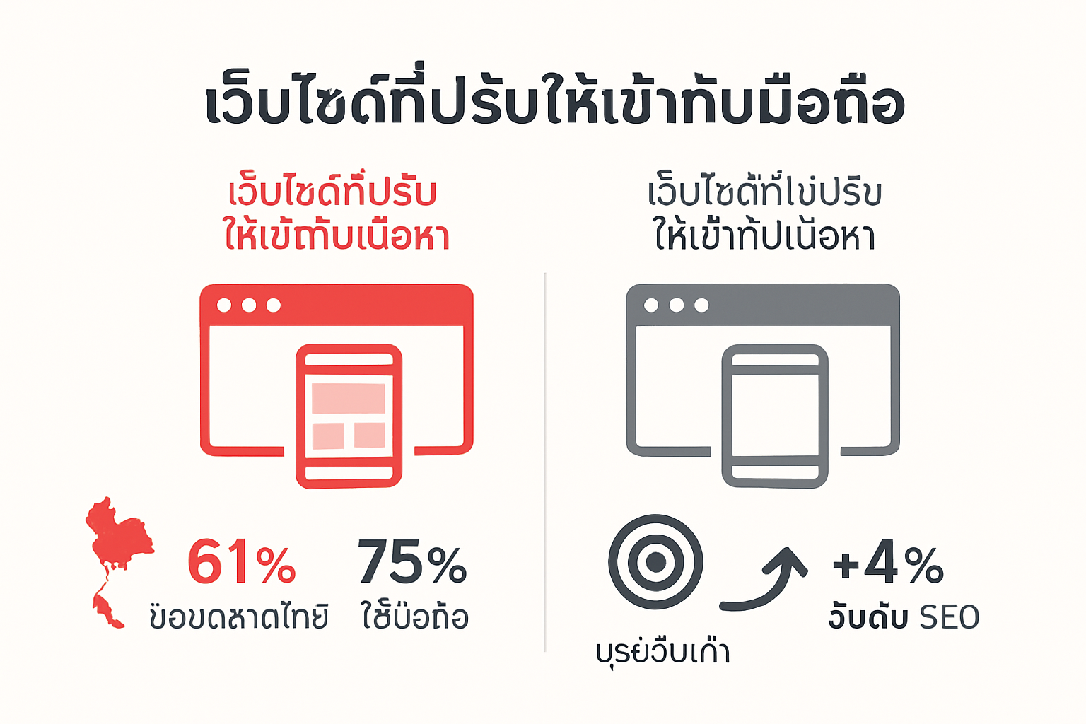 Infographic comparing SEO and marketing benefits of responsive websites in Thailand